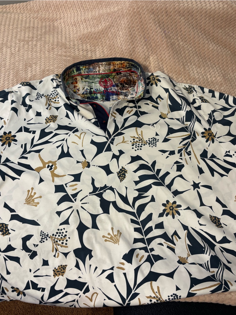 Men's White Floral Polo Shirt with Navy & Gold Accents